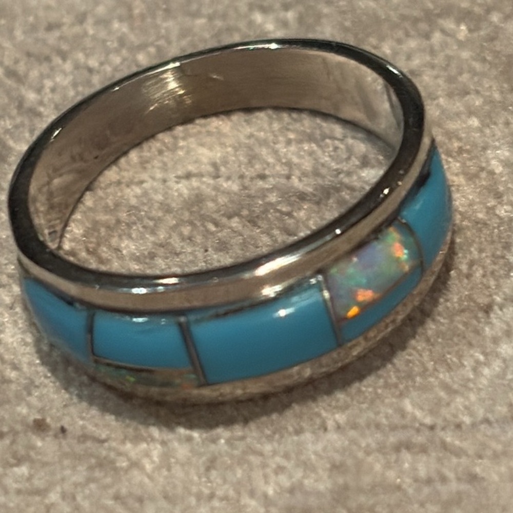 Blue Kingman Turquoise White Fire Opal Inlay Ring  Sterling Silver 925  size 5